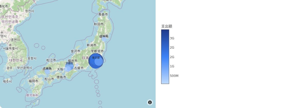 発注先の所在地を日本地図に載せ、地域ごとの支出額をバブルの大きさと濃さで示した地図。